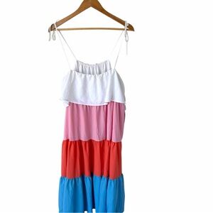 Time Tru Colorblock Midi Dress L Strappy Tiered Summer